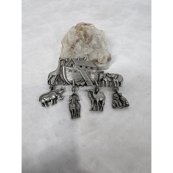 JJ Jonette Jewelry - JJ Jonette Noahs Ark Brooch Pewter Tone Dangling Animal Charms Vintage Pin